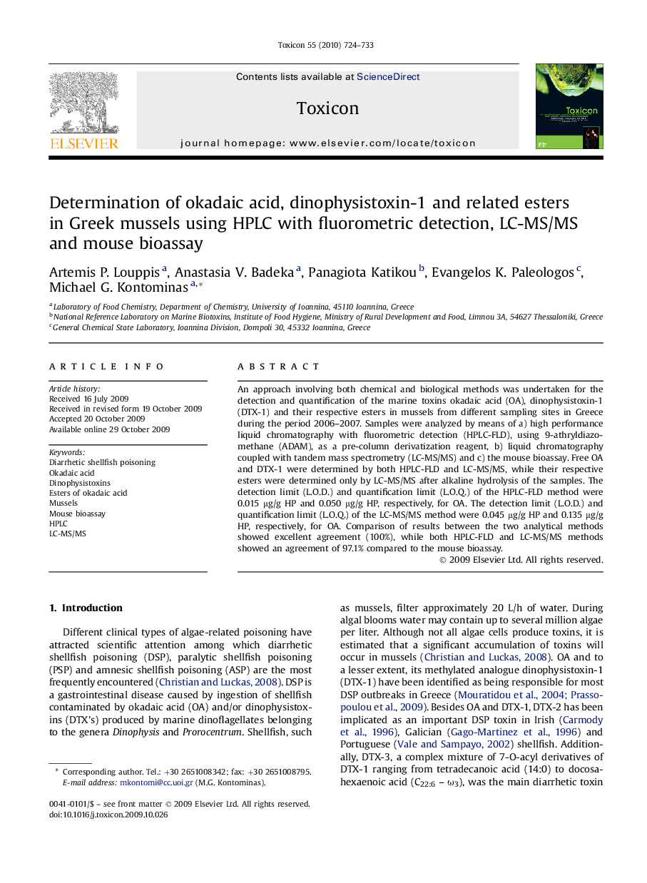 Determination of okadaic acid, dinophysistoxin-1 and related esters in Greek mussels using HPLC with fluorometric detection, LC-MS/MS and mouse bioassay