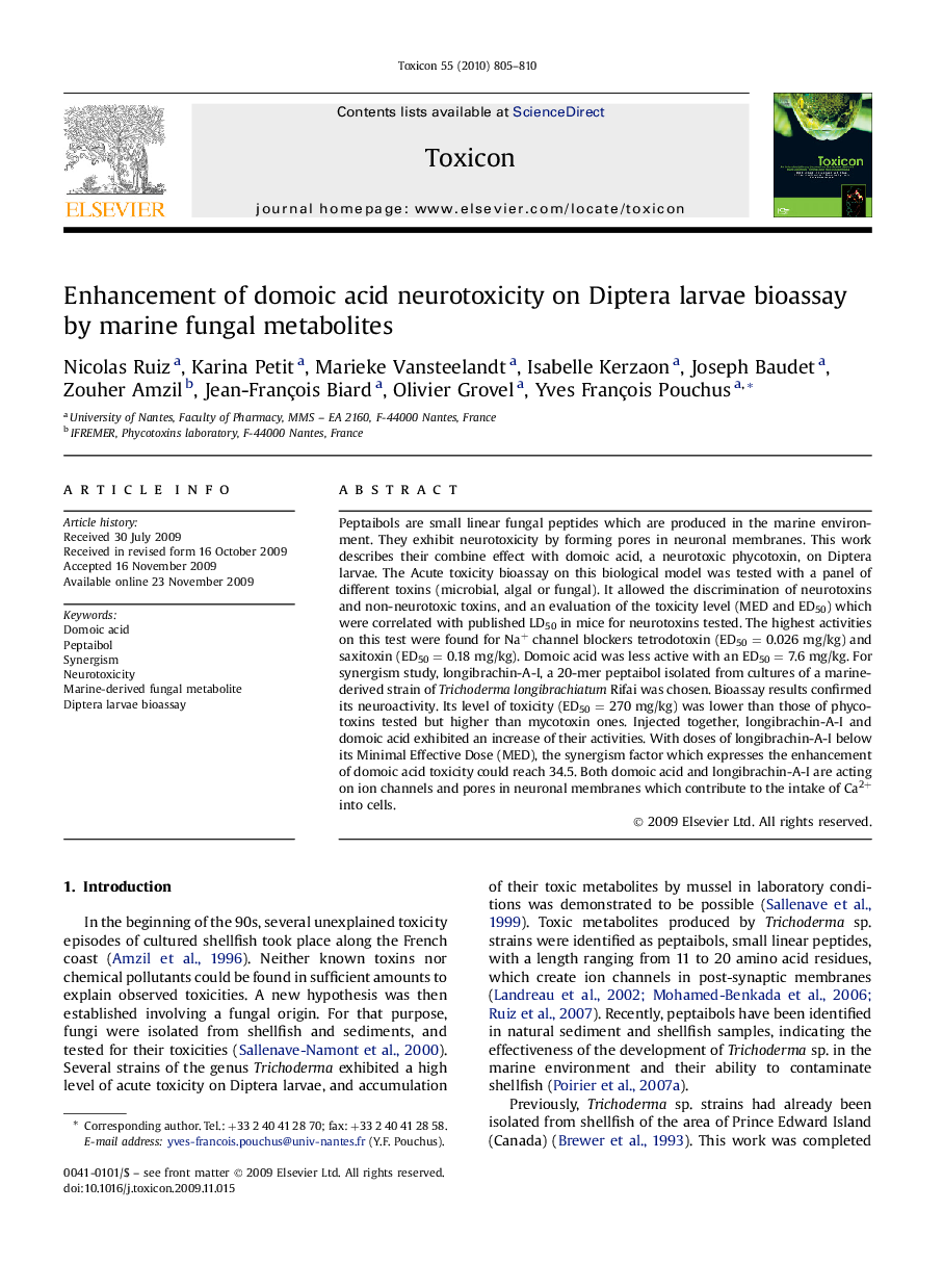 Enhancement of domoic acid neurotoxicity on Diptera larvae bioassay by marine fungal metabolites