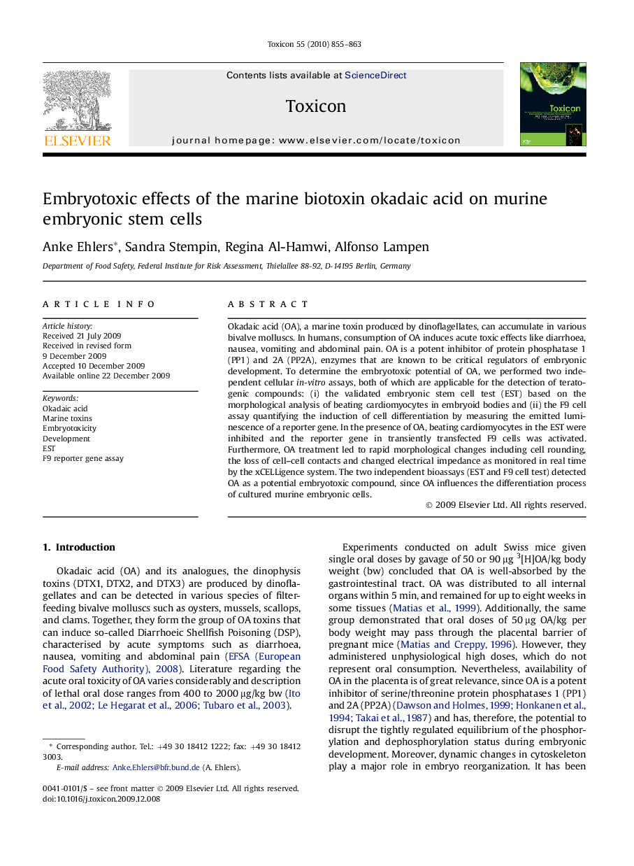 Embryotoxic effects of the marine biotoxin okadaic acid on murine embryonic stem cells