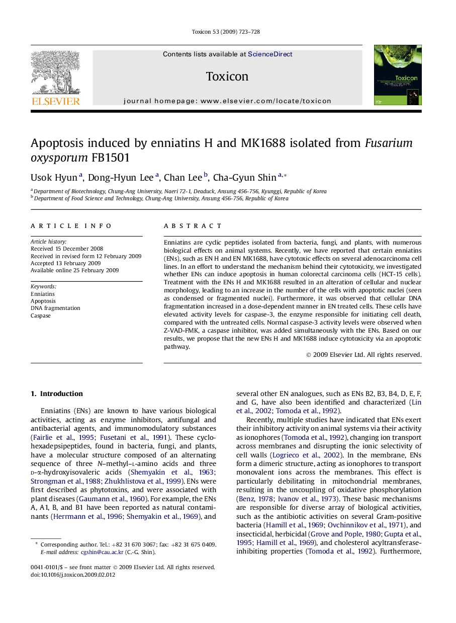 Apoptosis induced by enniatins H and MK1688 isolated from Fusarium oxysporum FB1501