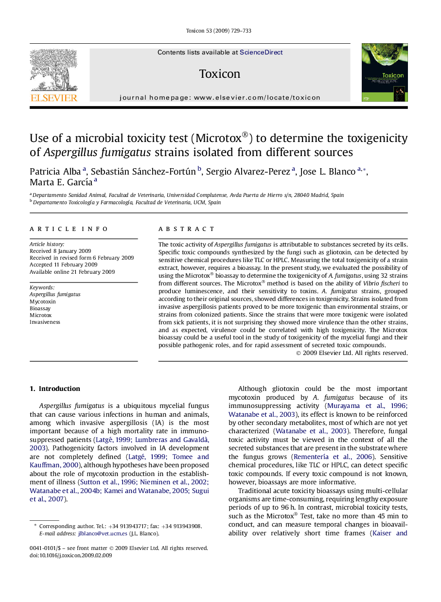 Use of a microbial toxicity test (Microtox®) to determine the toxigenicity of Aspergillus fumigatus strains isolated from different sources