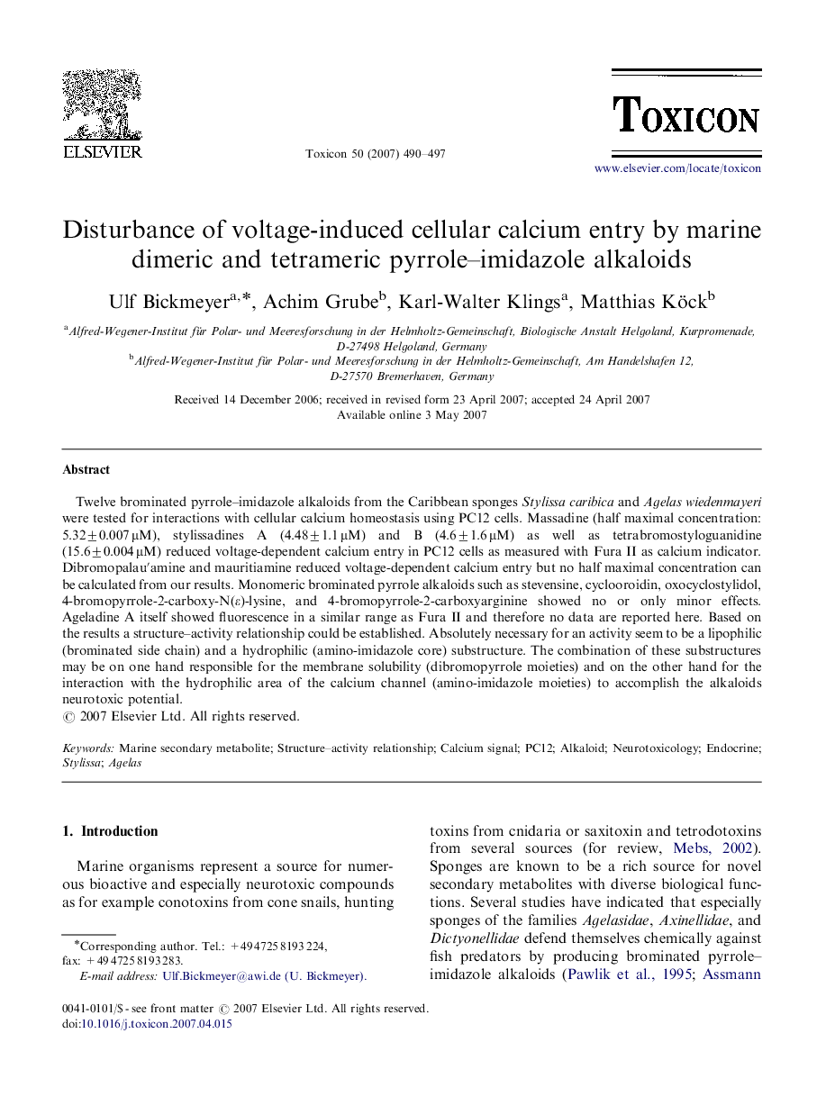 Disturbance of voltage-induced cellular calcium entry by marine dimeric and tetrameric pyrrole–imidazole alkaloids