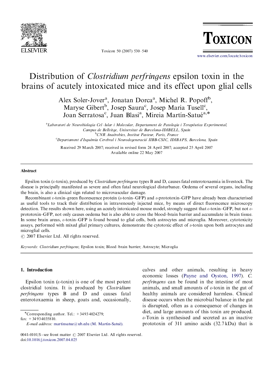 Distribution of Clostridium perfringens epsilon toxin in the brains of acutely intoxicated mice and its effect upon glial cells