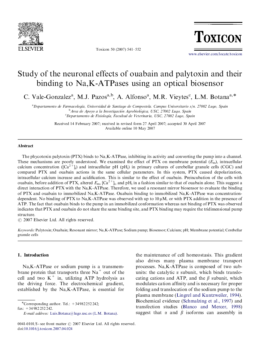 Study of the neuronal effects of ouabain and palytoxin and their binding to Na,K-ATPases using an optical biosensor