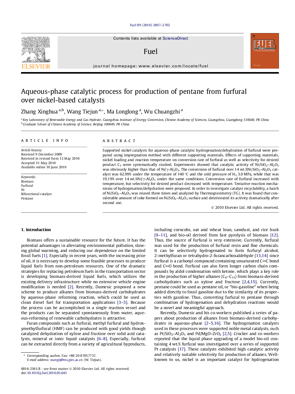 Aqueous-phase catalytic process for production of pentane from furfural over nickel-based catalysts