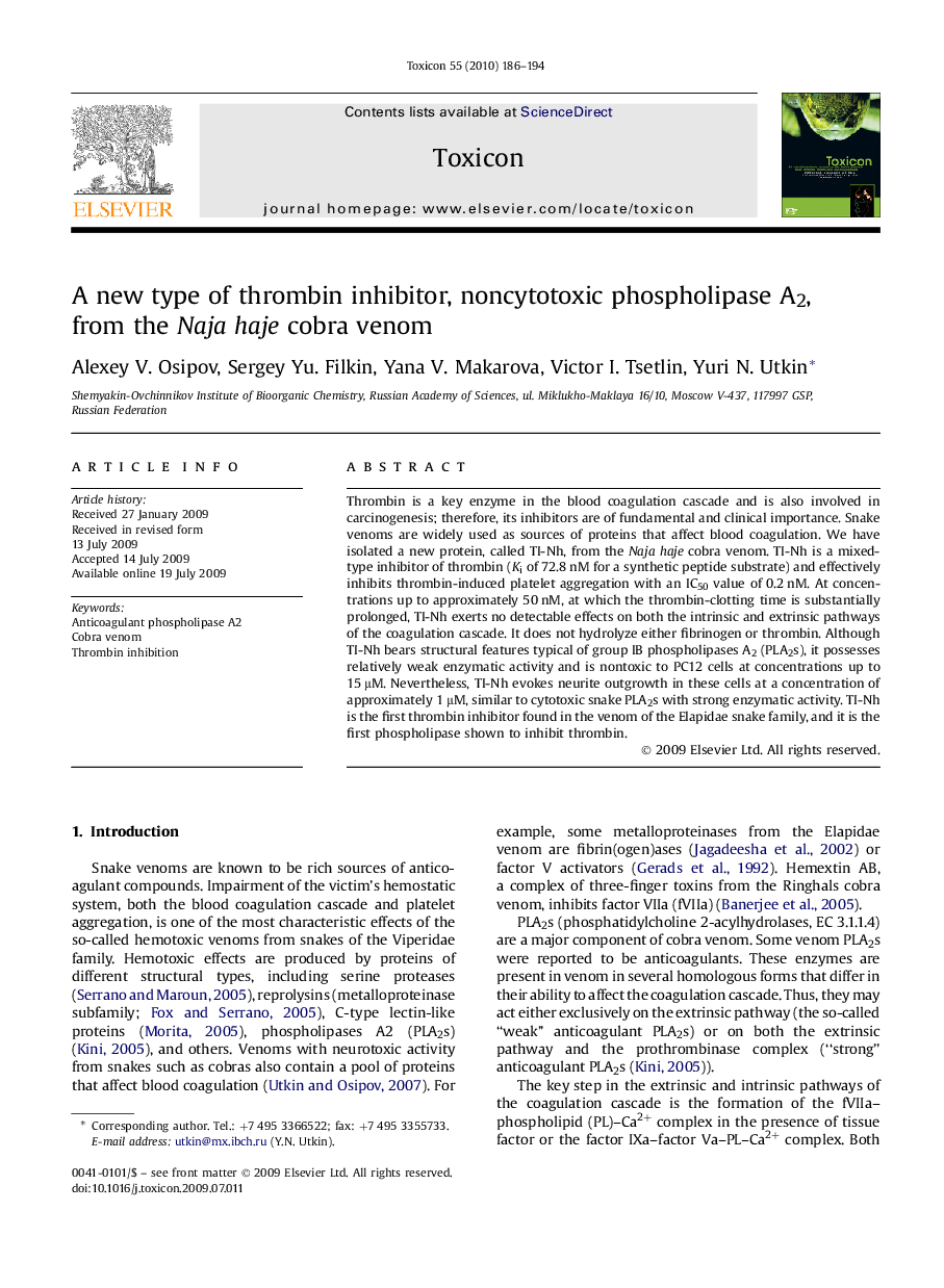 A new type of thrombin inhibitor, noncytotoxic phospholipase A2, from the Naja haje cobra venom