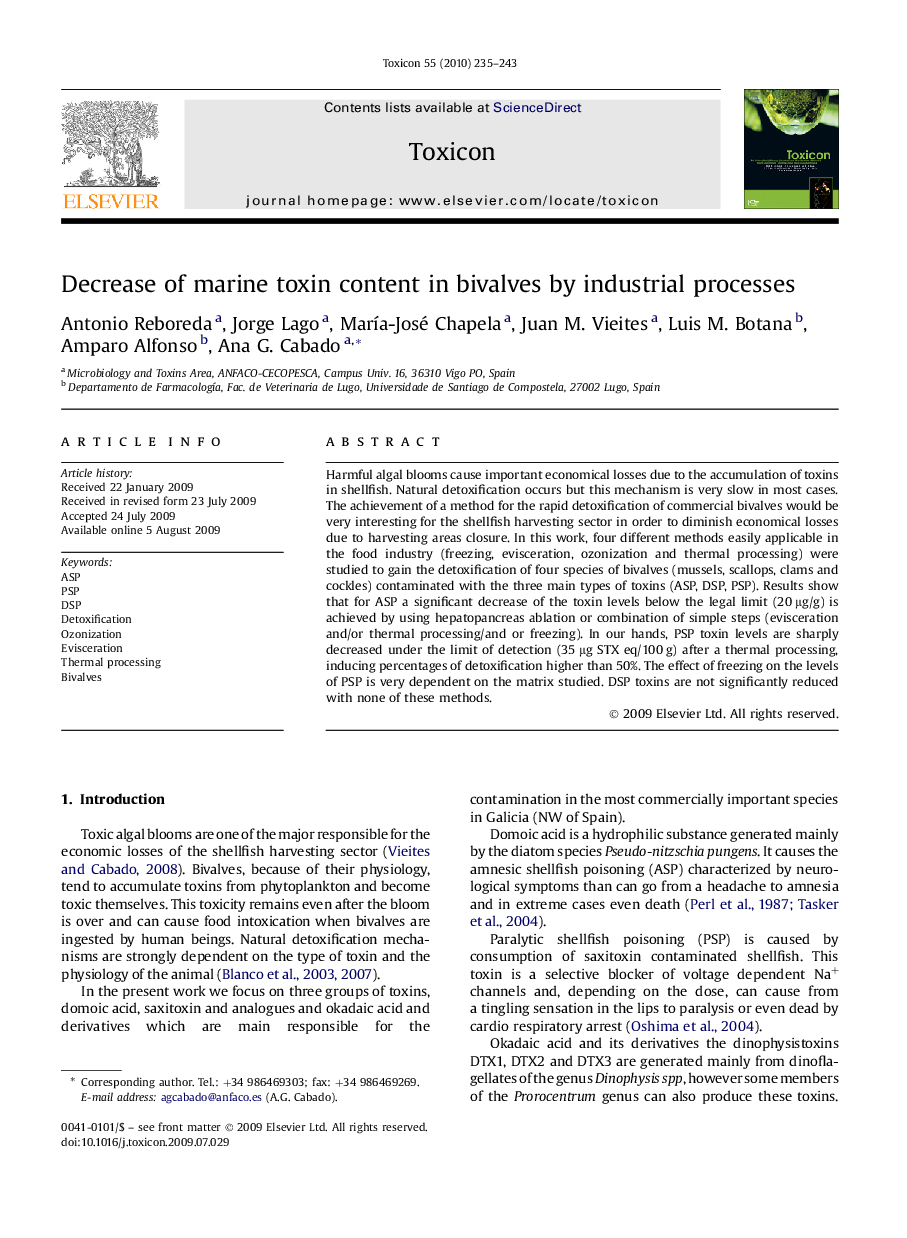 Decrease of marine toxin content in bivalves by industrial processes