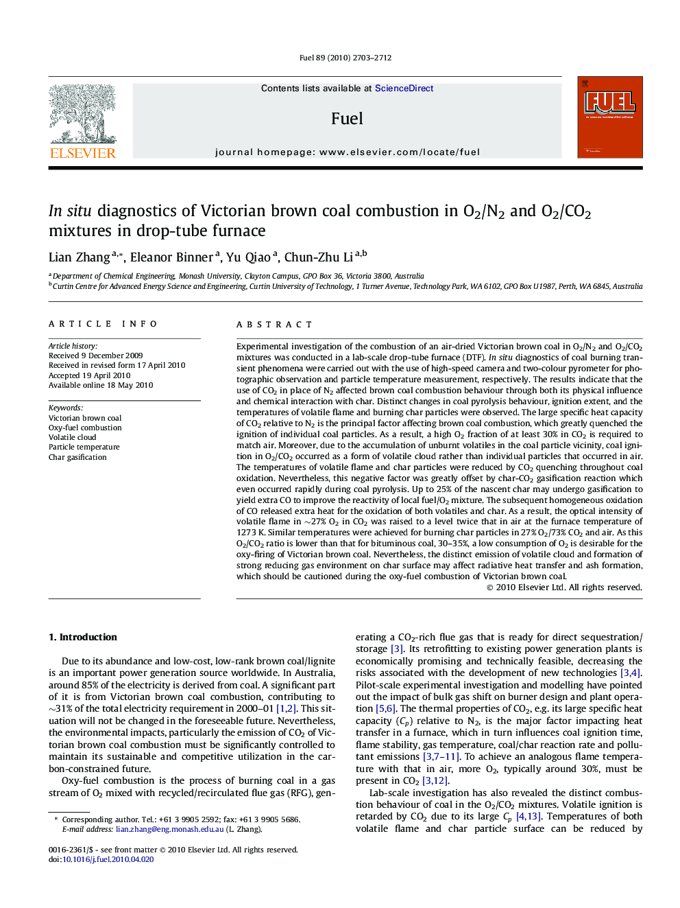 In situ diagnostics of Victorian brown coal combustion in O2/N2 and O2/CO2 mixtures in drop-tube furnace