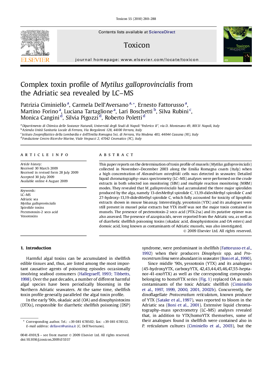 Complex toxin profile of Mytilus galloprovincialis from the Adriatic sea revealed by LC–MS