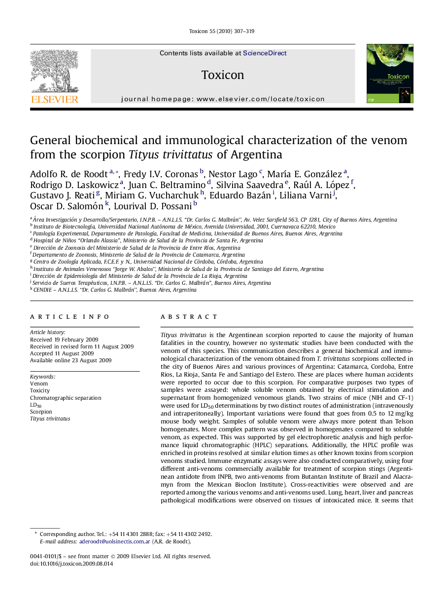 General biochemical and immunological characterization of the venom from the scorpion Tityus trivittatus of Argentina
