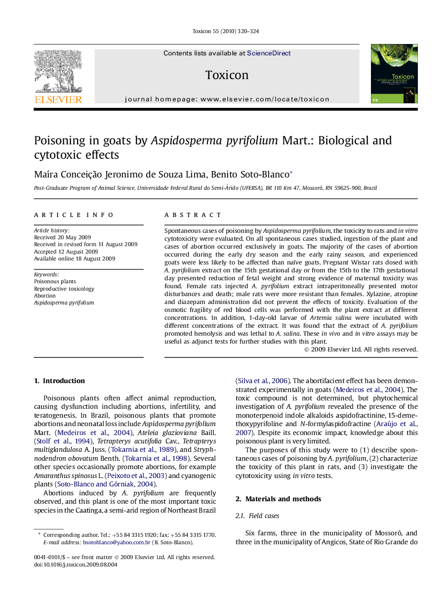 Poisoning in goats by Aspidosperma pyrifolium Mart.: Biological and cytotoxic effects