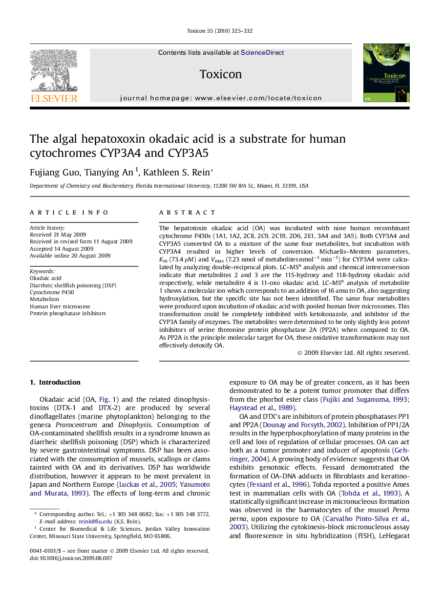 The algal hepatoxoxin okadaic acid is a substrate for human cytochromes CYP3A4 and CYP3A5