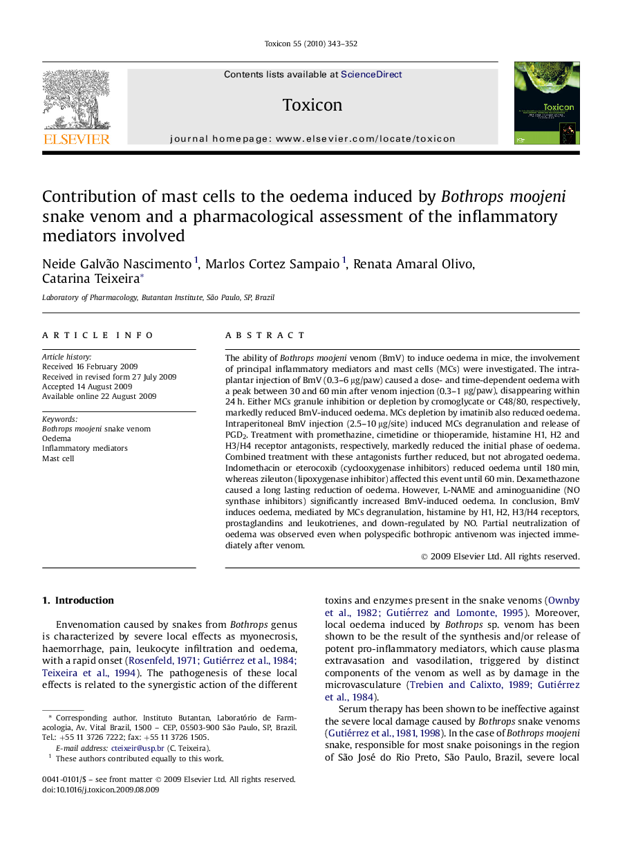 Contribution of mast cells to the oedema induced by Bothrops moojeni snake venom and a pharmacological assessment of the inflammatory mediators involved