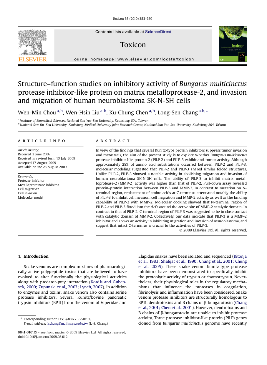 عکس صفحه اول مقاله: Structure–function studies on inhibitory activity of Bungarus multicinctus protease inhibitor-like protein on matrix metalloprotease-2, and invasion and migration of human neuroblastoma SK-N-SH cells Structure–function studies on inhibitory activity of Bungarus multicinctus protease inhibitor-like protein on matrix metalloprotease-2, and invasion and migration of human neuroblastoma SK-N-SH cells