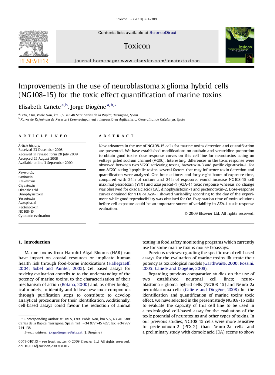 Improvements in the use of neuroblastoma x glioma hybrid cells (NG108-15) for the toxic effect quantification of marine toxins