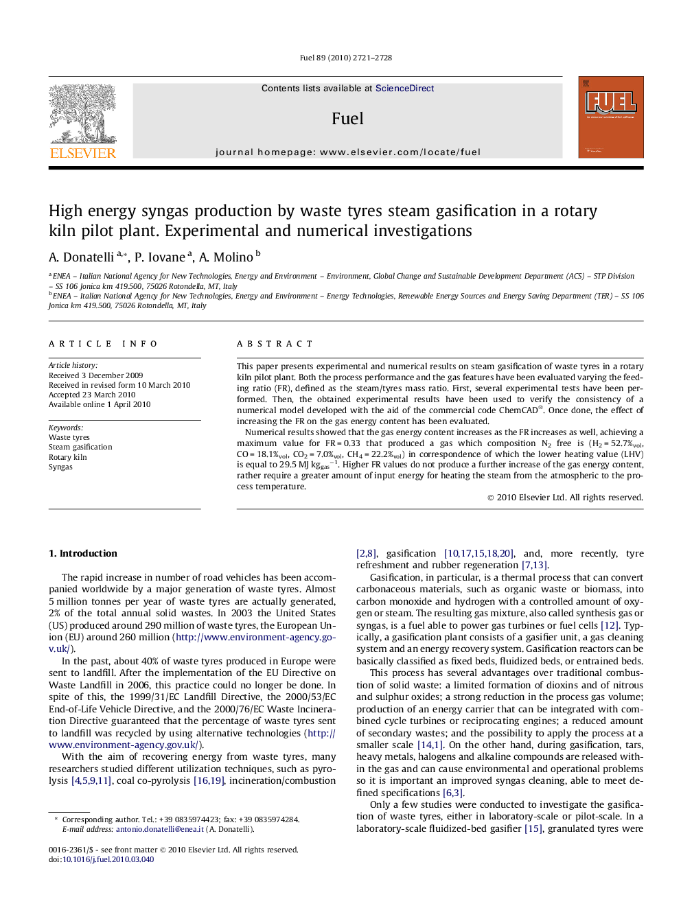 High energy syngas production by waste tyres steam gasification in a rotary kiln pilot plant. Experimental and numerical investigations