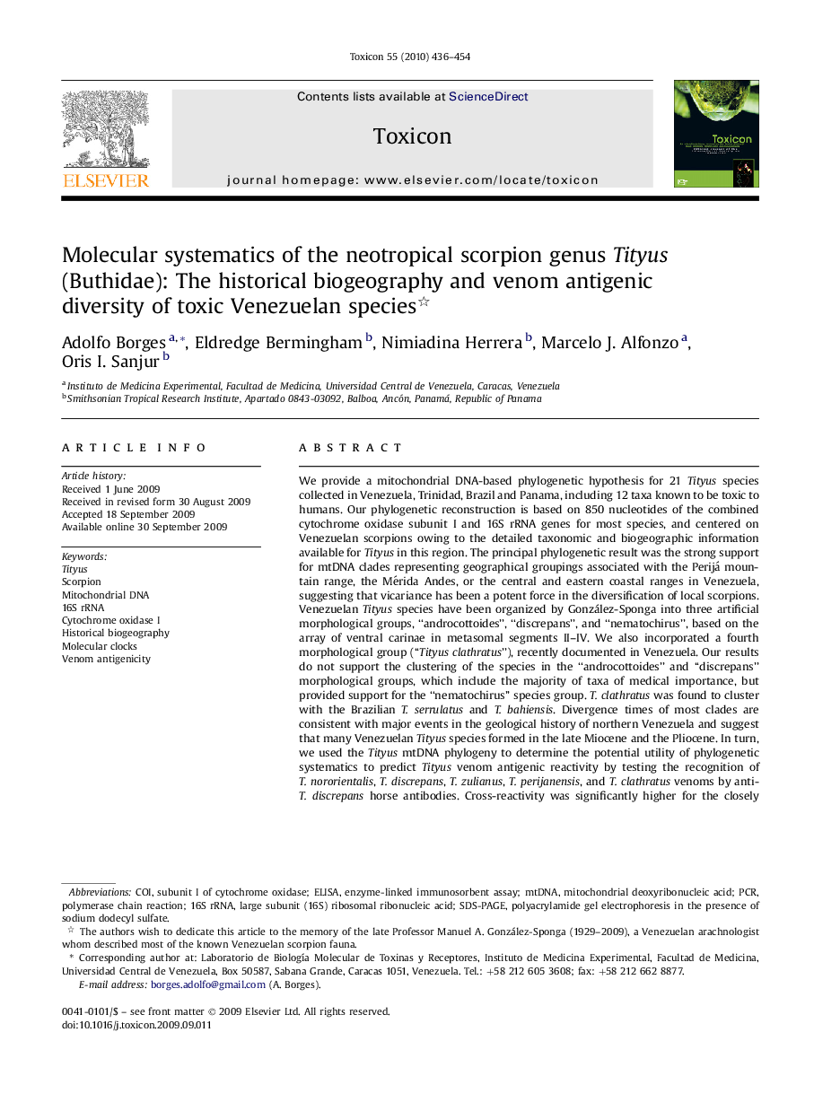 Molecular systematics of the neotropical scorpion genus Tityus (Buthidae): The historical biogeography and venom antigenic diversity of toxic Venezuelan species 