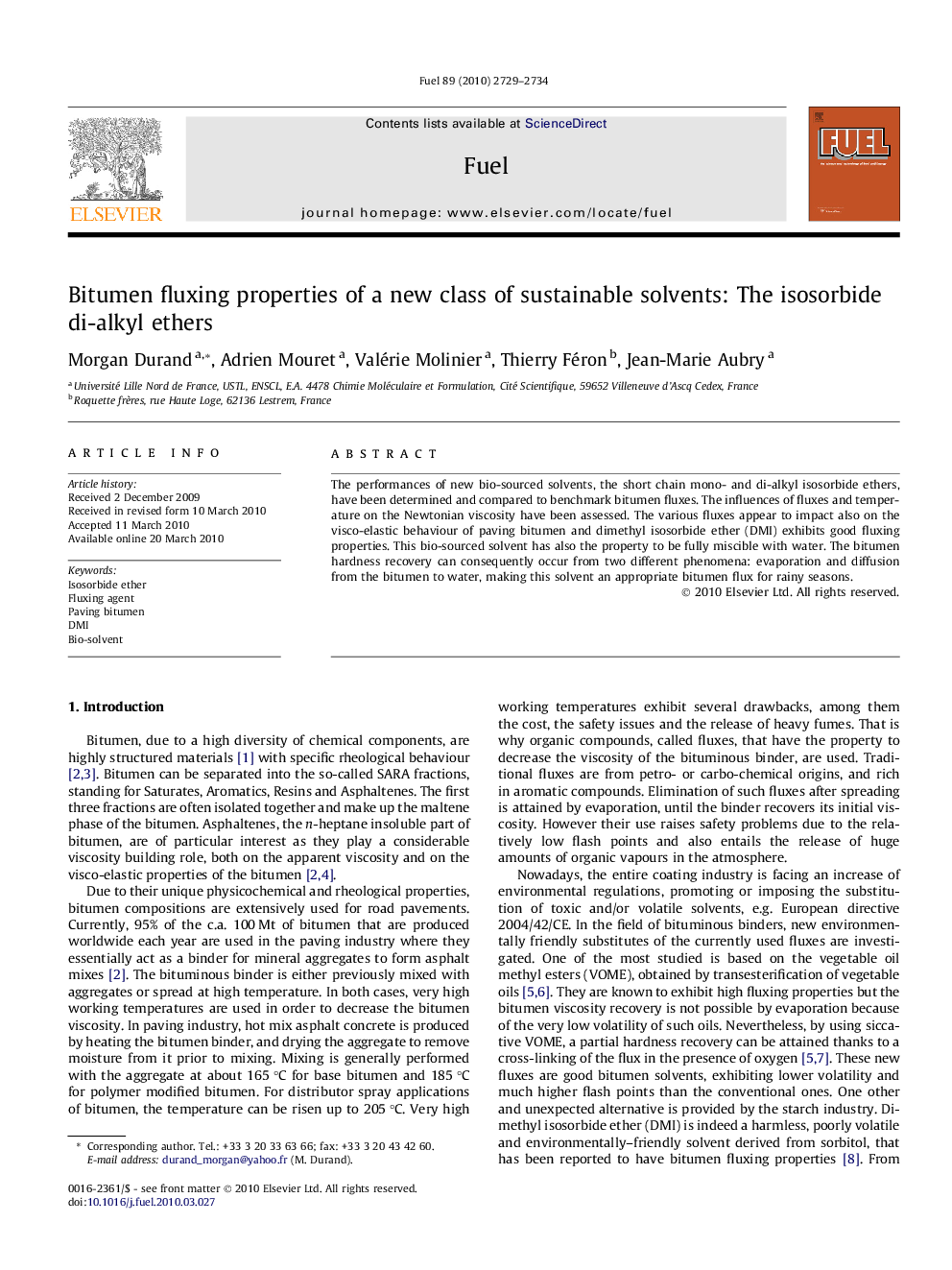 Bitumen fluxing properties of a new class of sustainable solvents: The isosorbide di-alkyl ethers