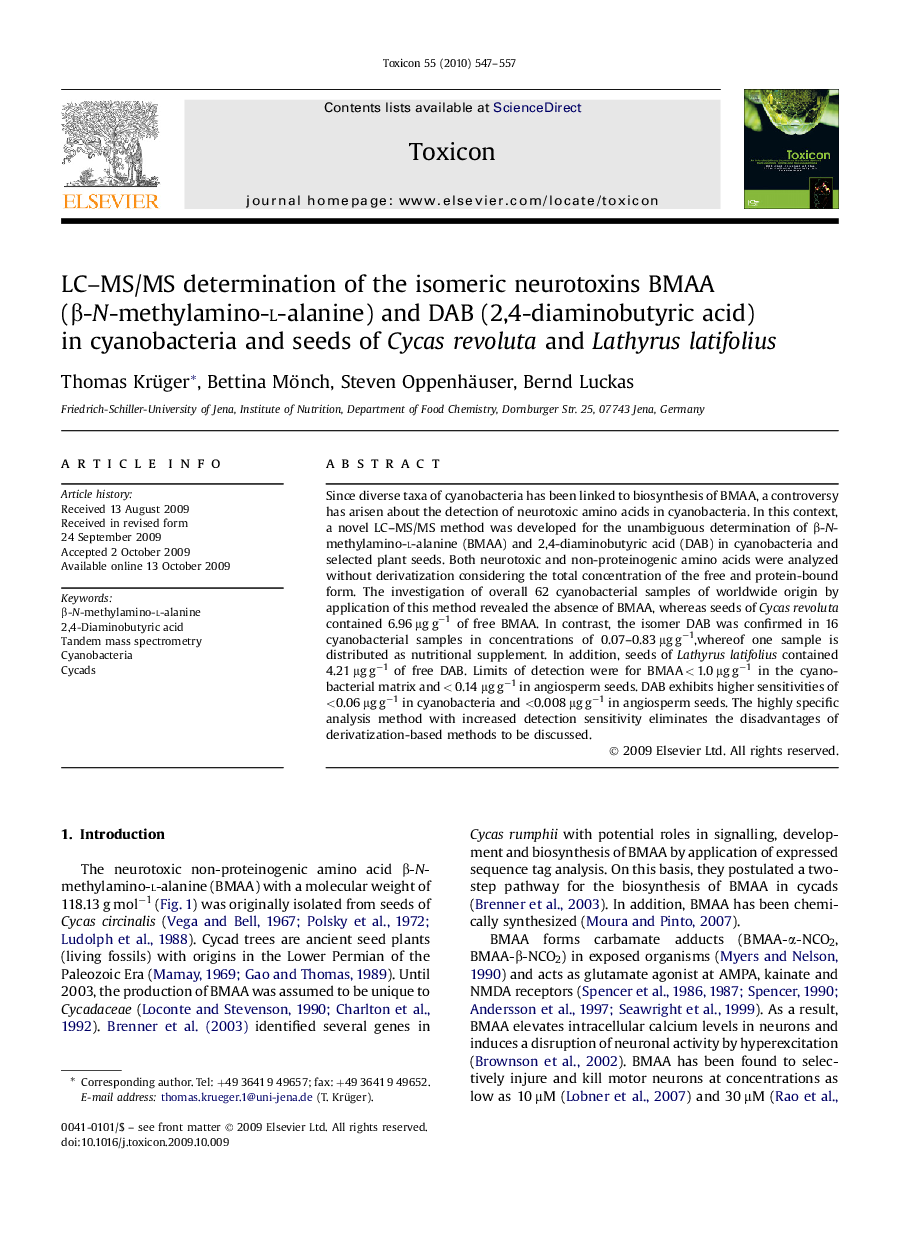 LC–MS/MS determination of the isomeric neurotoxins BMAA (β-N-methylamino-l-alanine) and DAB (2,4-diaminobutyric acid) in cyanobacteria and seeds of Cycas revoluta and Lathyrus latifolius