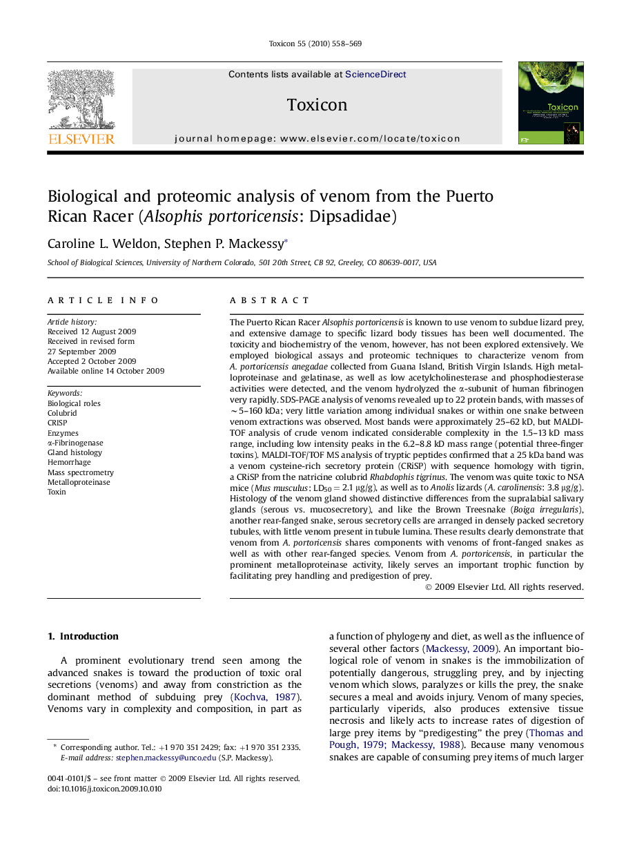 Biological and proteomic analysis of venom from the Puerto Rican Racer (Alsophis portoricensis: Dipsadidae)