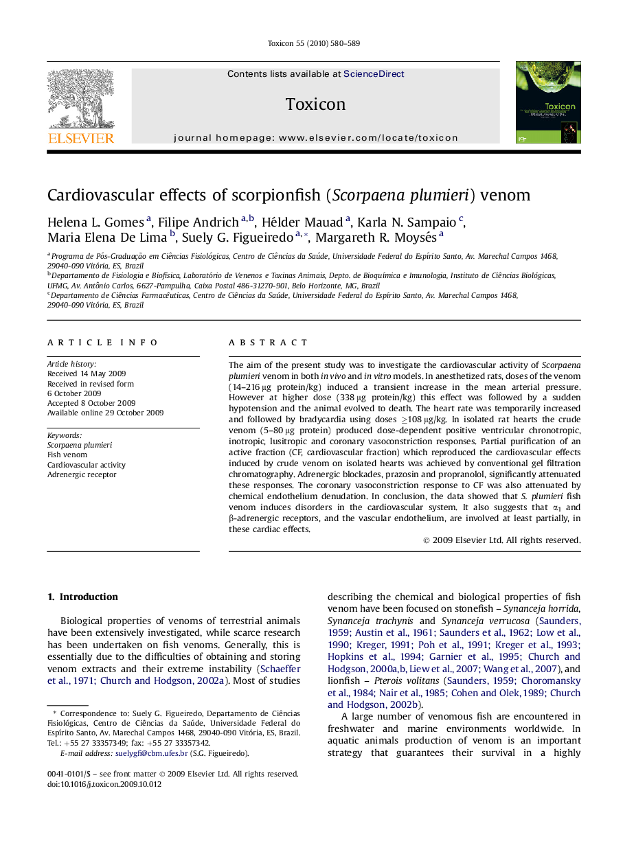 Cardiovascular effects of scorpionfish (Scorpaena plumieri) venom