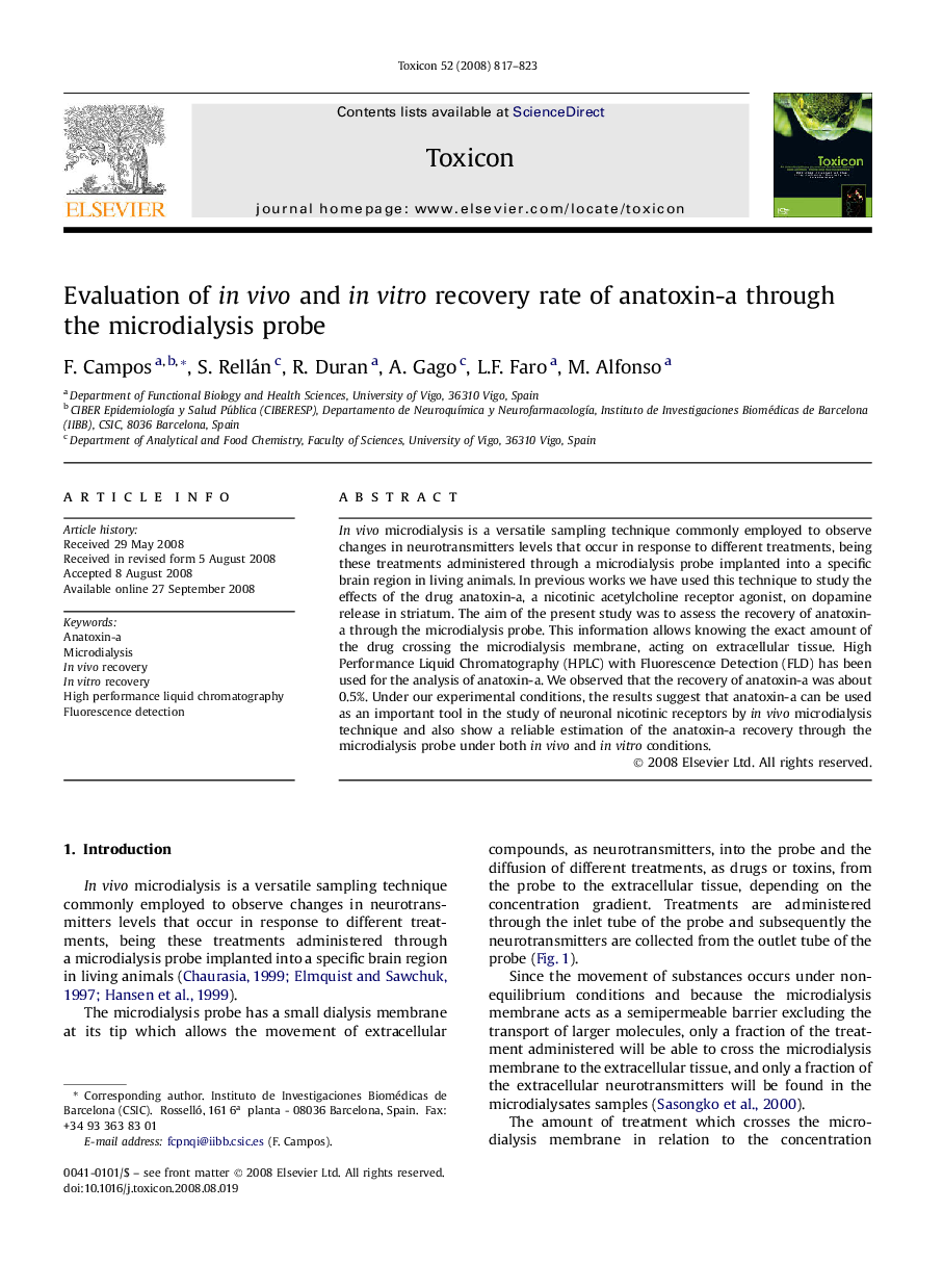 Evaluation of in vivo and in vitro recovery rate of anatoxin-a through the microdialysis probe