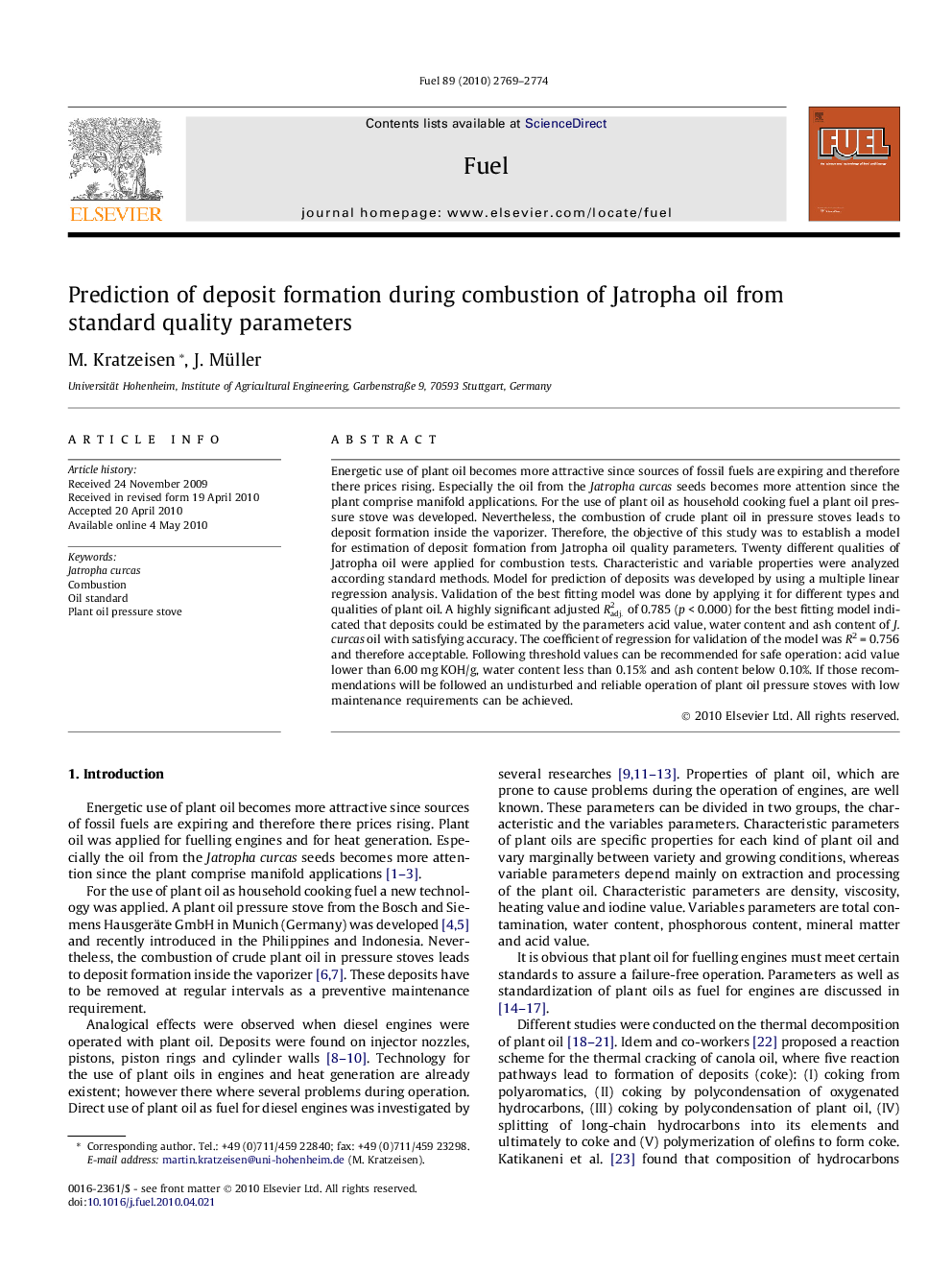 Prediction of deposit formation during combustion of Jatropha oil from standard quality parameters