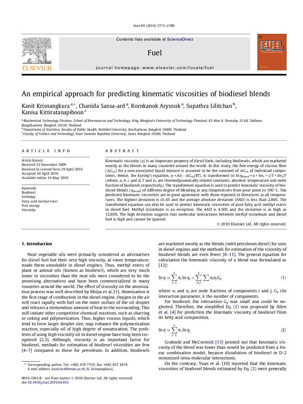 An empirical approach for predicting kinematic viscosities of biodiesel blends