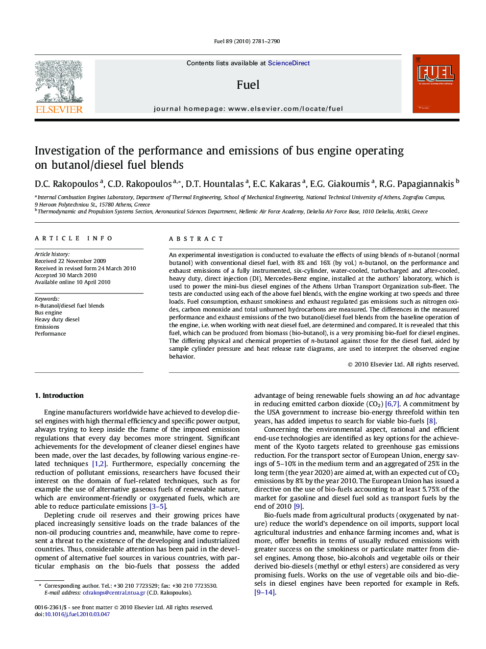 Investigation of the performance and emissions of bus engine operating on butanol/diesel fuel blends