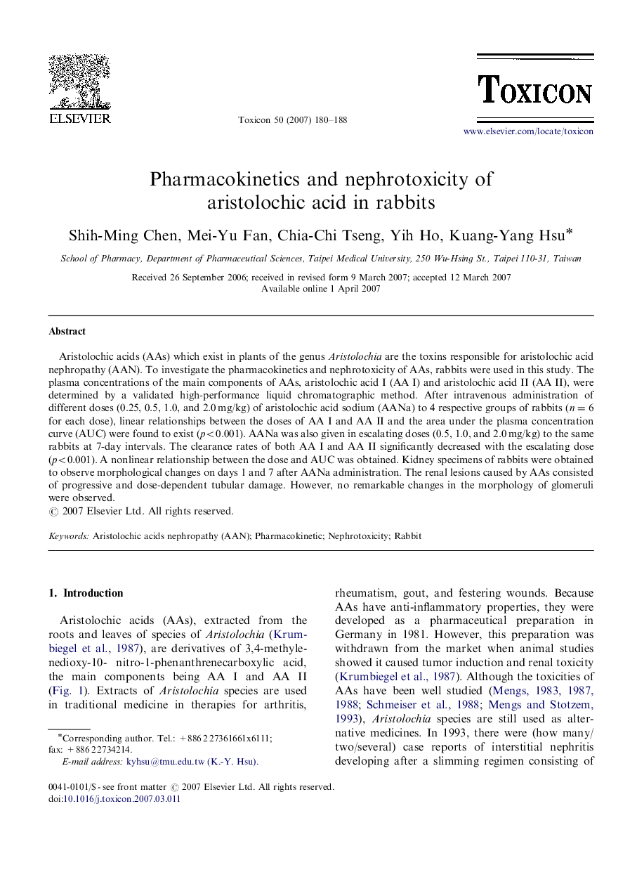 Pharmacokinetics and nephrotoxicity of aristolochic acid in rabbits