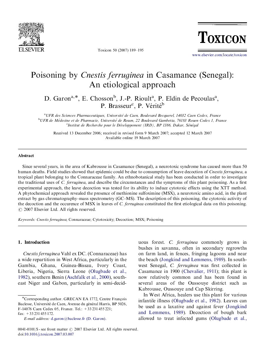 Poisoning by Cnestis ferruginea in Casamance (Senegal): An etiological approach