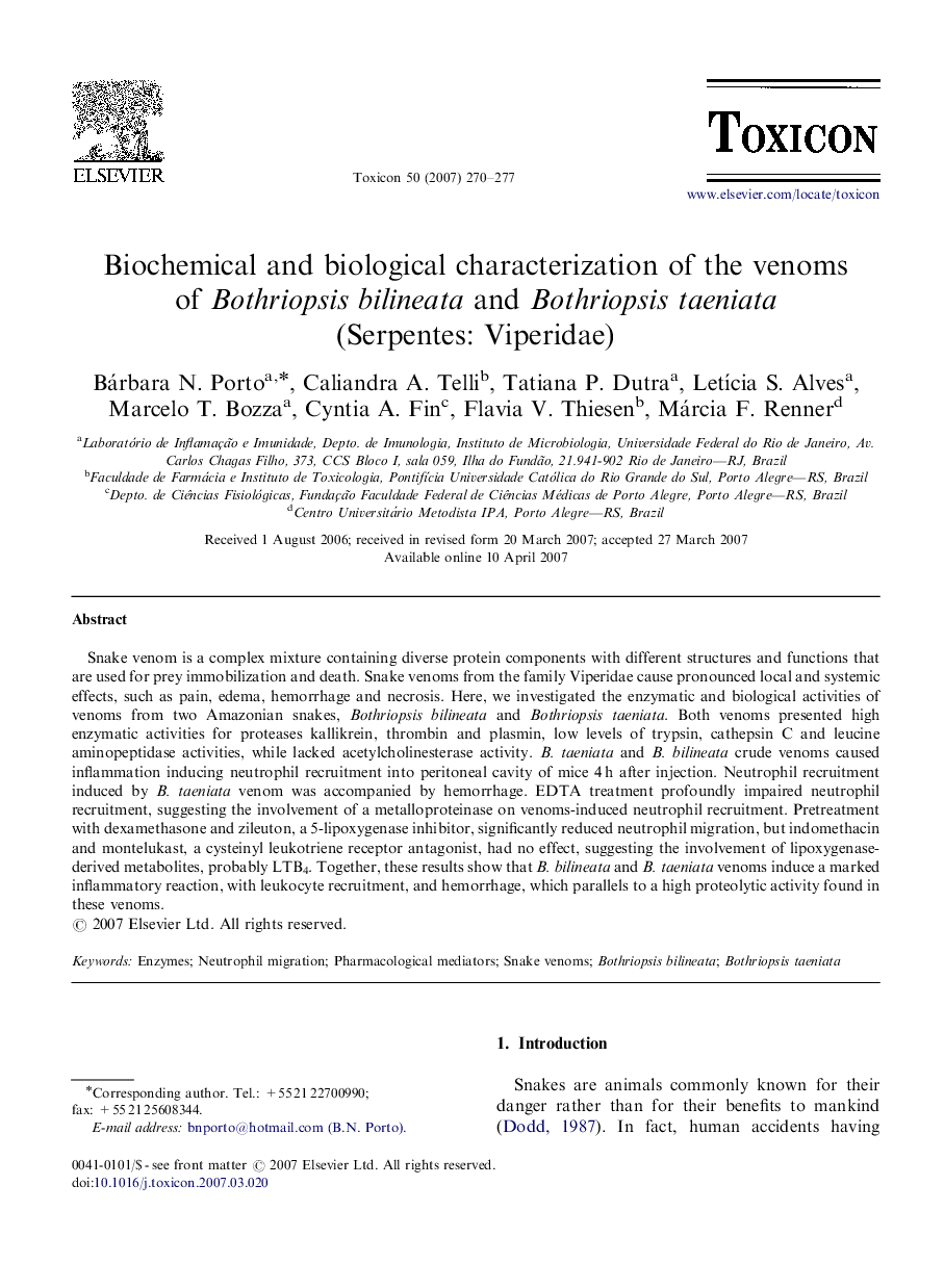 Biochemical and biological characterization of the venoms of Bothriopsis bilineata and Bothriopsis taeniata (Serpentes: Viperidae)