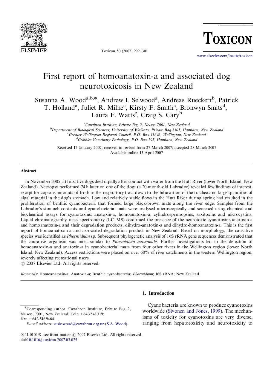 عکس صفحه اول مقاله: First report of homoanatoxin-a and associated dog neurotoxicosis in New Zealand First report of homoanatoxin-a and associated dog neurotoxicosis in New Zealand