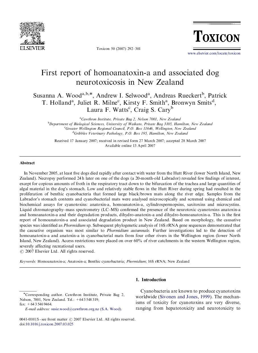 First report of homoanatoxin-a and associated dog neurotoxicosis in New Zealand