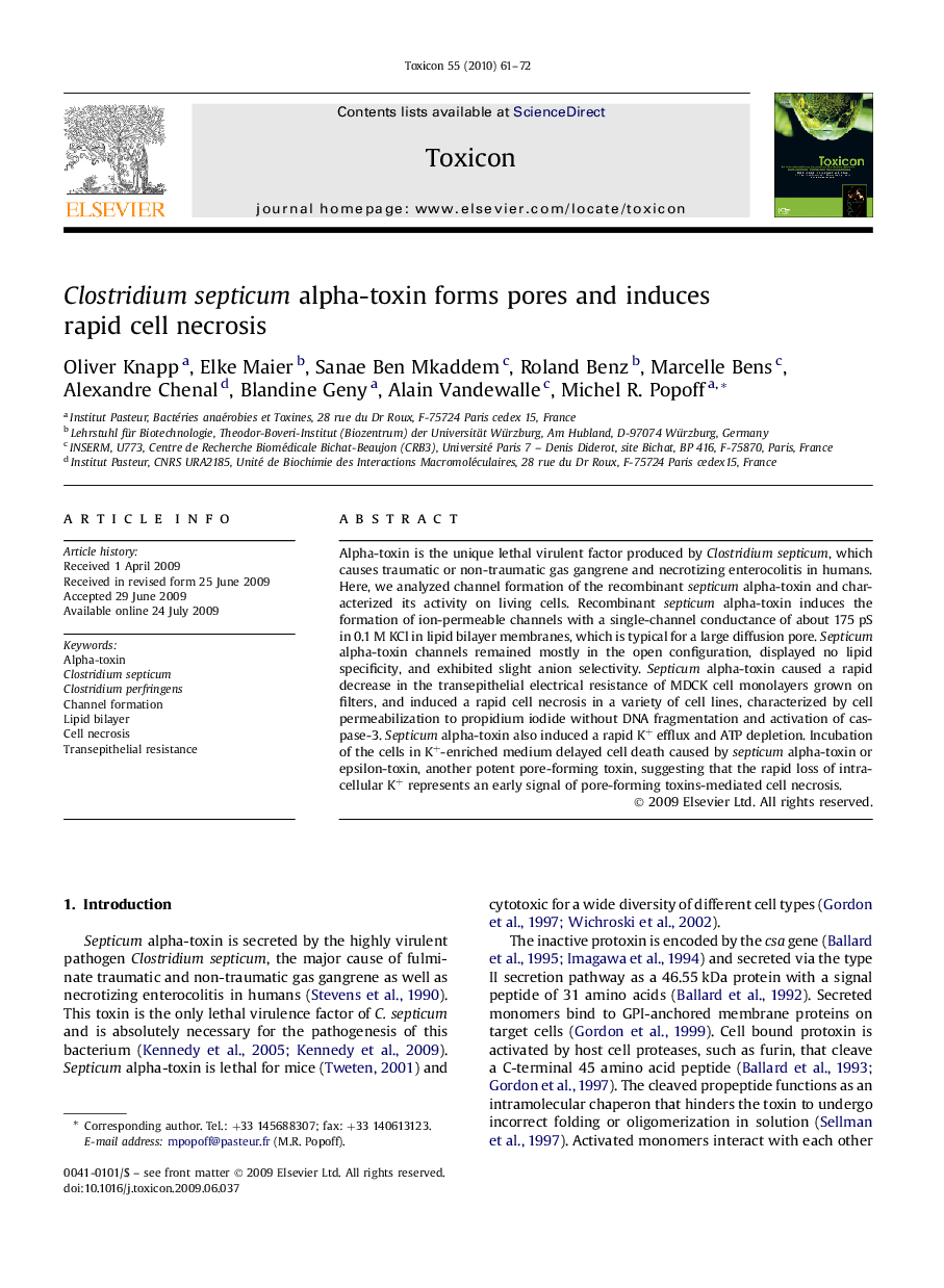 Clostridium septicum alpha-toxin forms pores and induces rapid cell necrosis