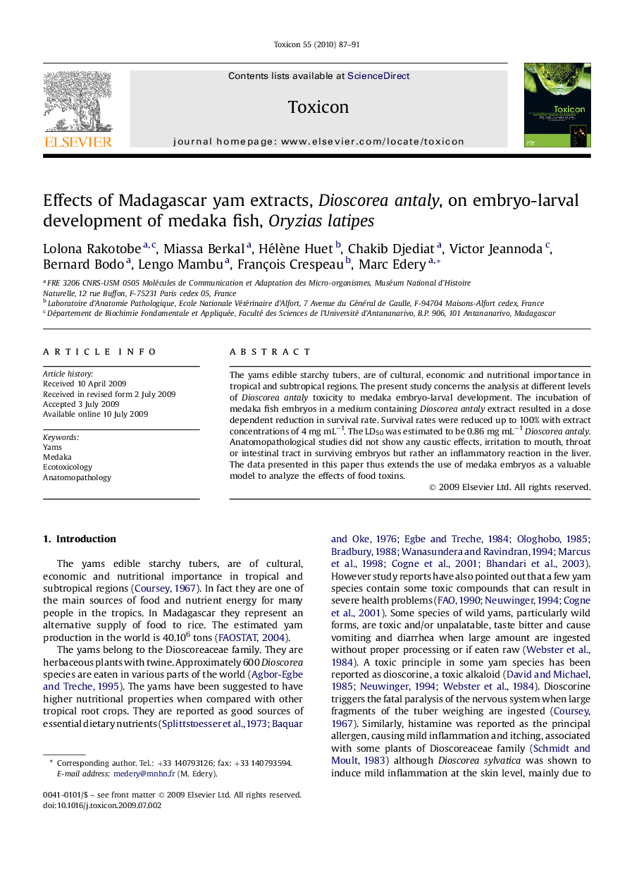 Effects of Madagascar yam extracts, Dioscorea antaly, on embryo-larval development of medaka fish, Oryzias latipes