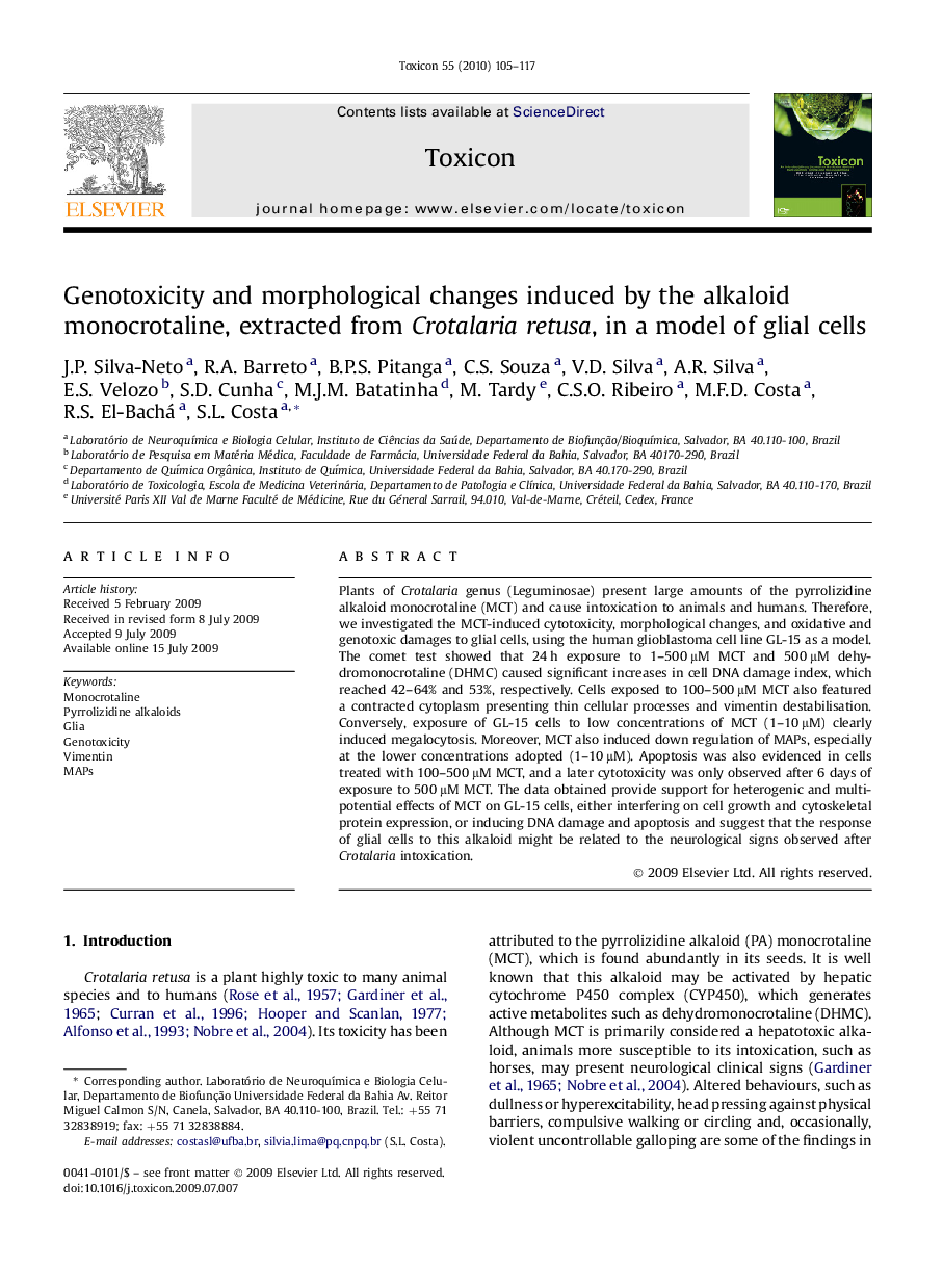 Genotoxicity and morphological changes induced by the alkaloid monocrotaline, extracted from Crotalaria retusa, in a model of glial cells