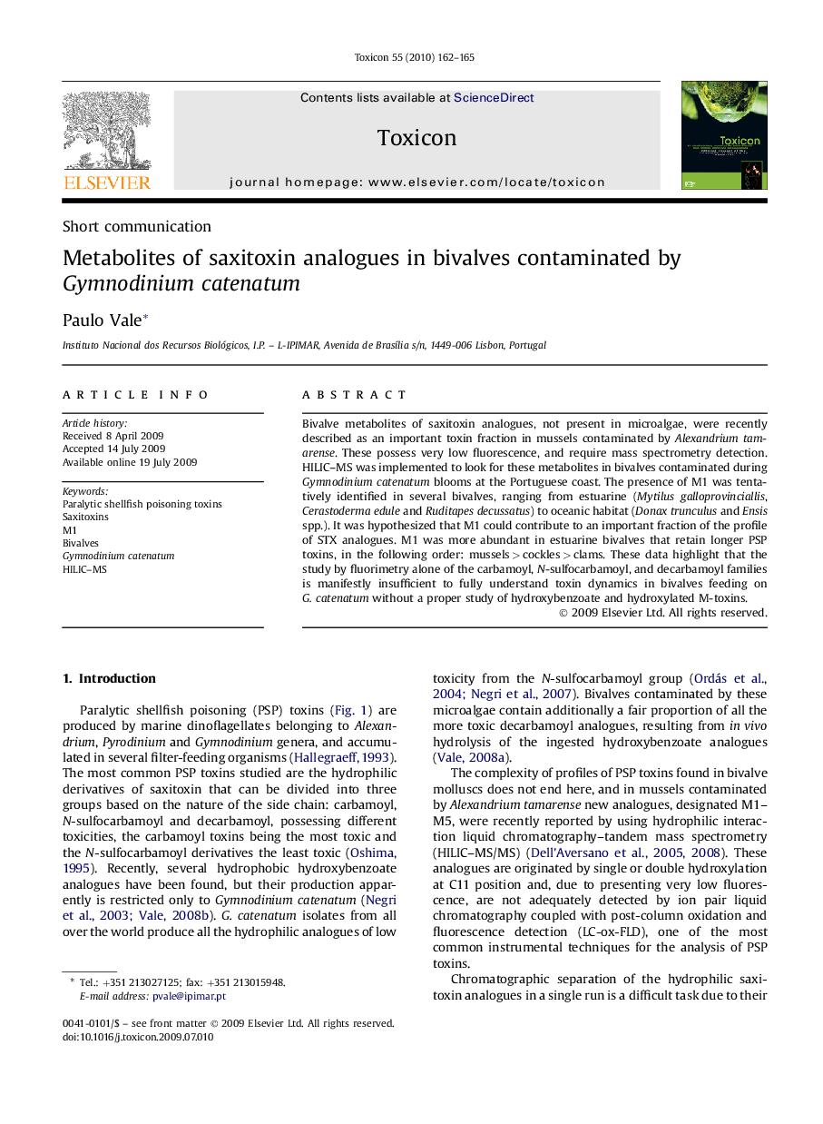 Metabolites of saxitoxin analogues in bivalves contaminated by Gymnodinium catenatum