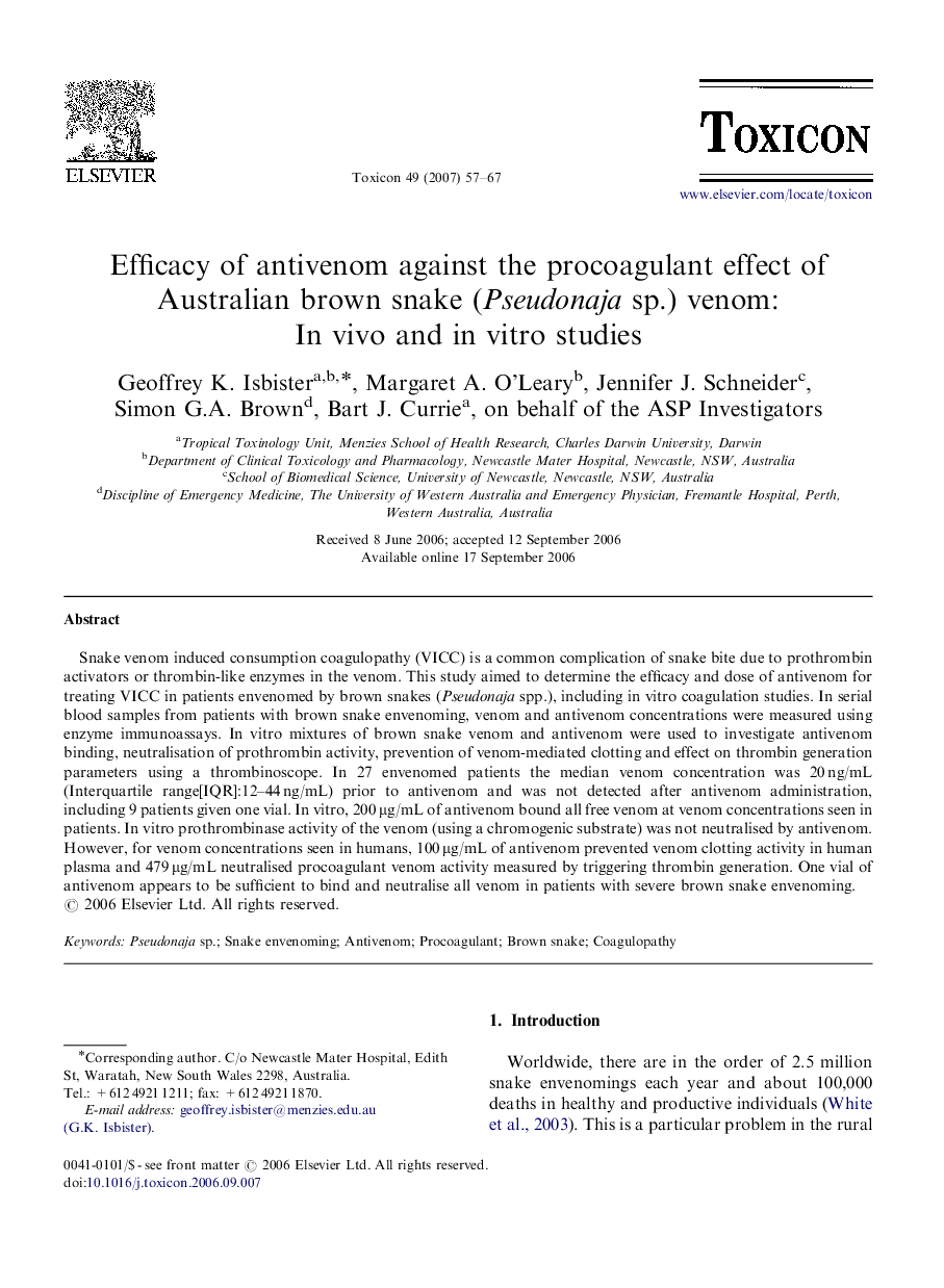 Efficacy of antivenom against the procoagulant effect of Australian brown snake (Pseudonaja sp.) venom: In vivo and in vitro studies