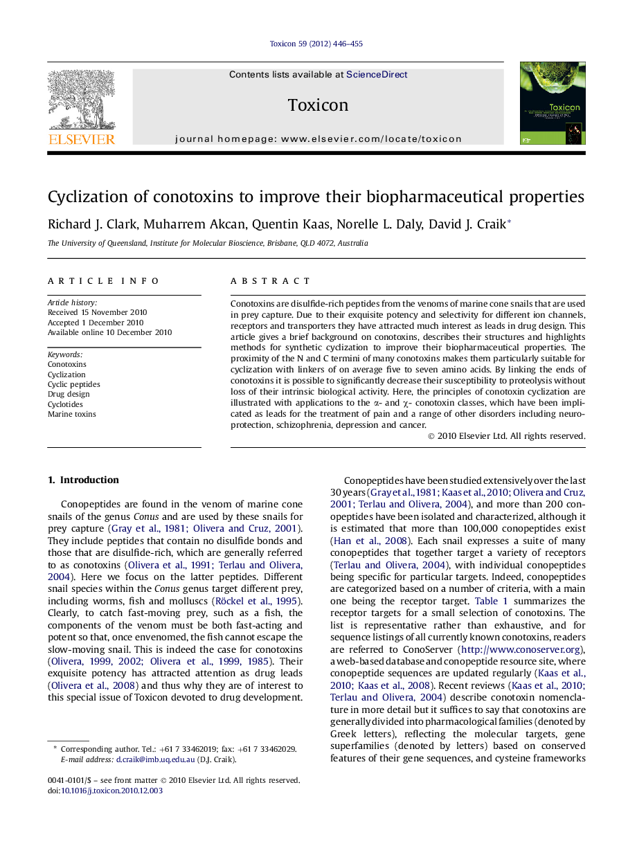 Cyclization of conotoxins to improve their biopharmaceutical properties