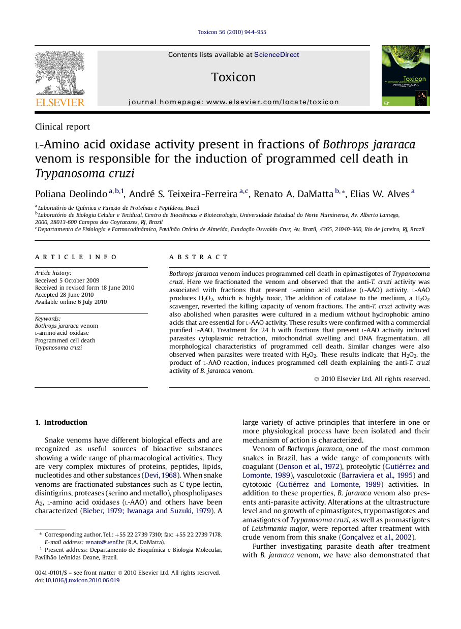 l-Amino acid oxidase activity present in fractions of Bothrops jararaca venom is responsible for the induction of programmed cell death in Trypanosoma cruzi