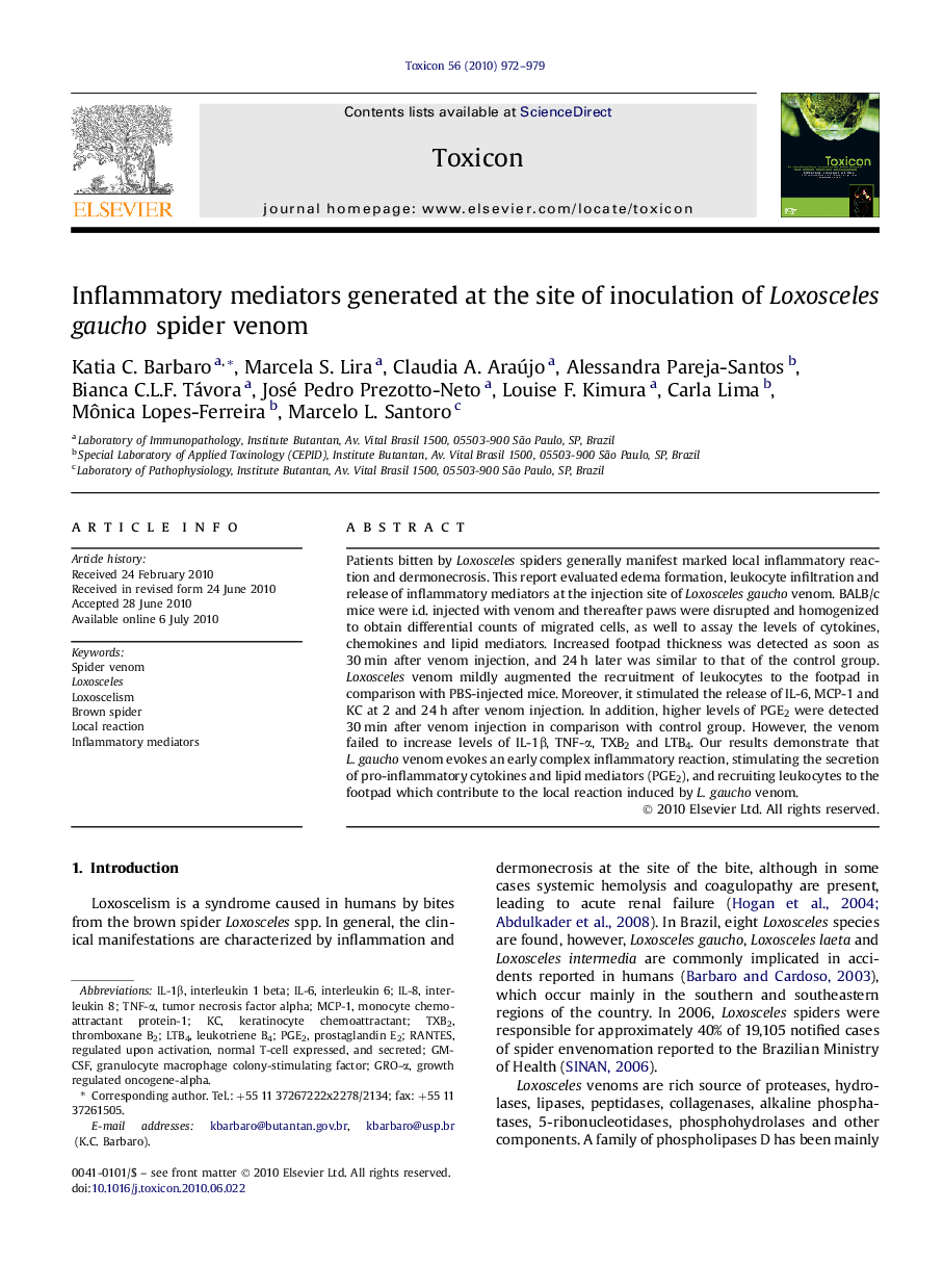 Inflammatory mediators generated at the site of inoculation of Loxosceles gaucho spider venom