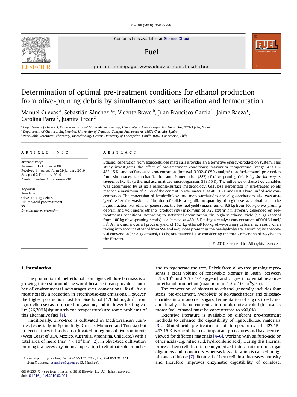 Determination of optimal pre-treatment conditions for ethanol production from olive-pruning debris by simultaneous saccharification and fermentation