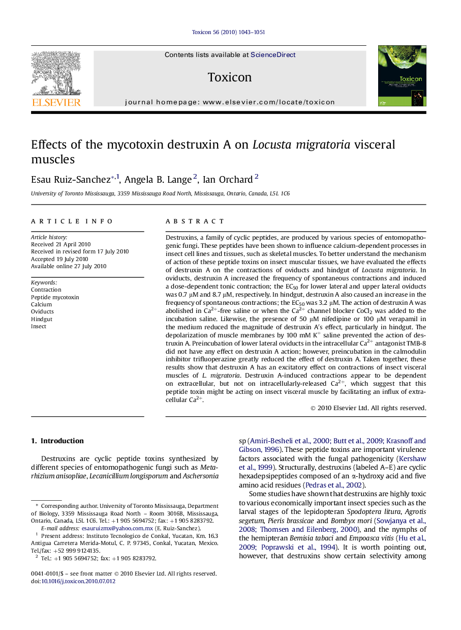 Effects of the mycotoxin destruxin A on Locusta migratoria visceral muscles