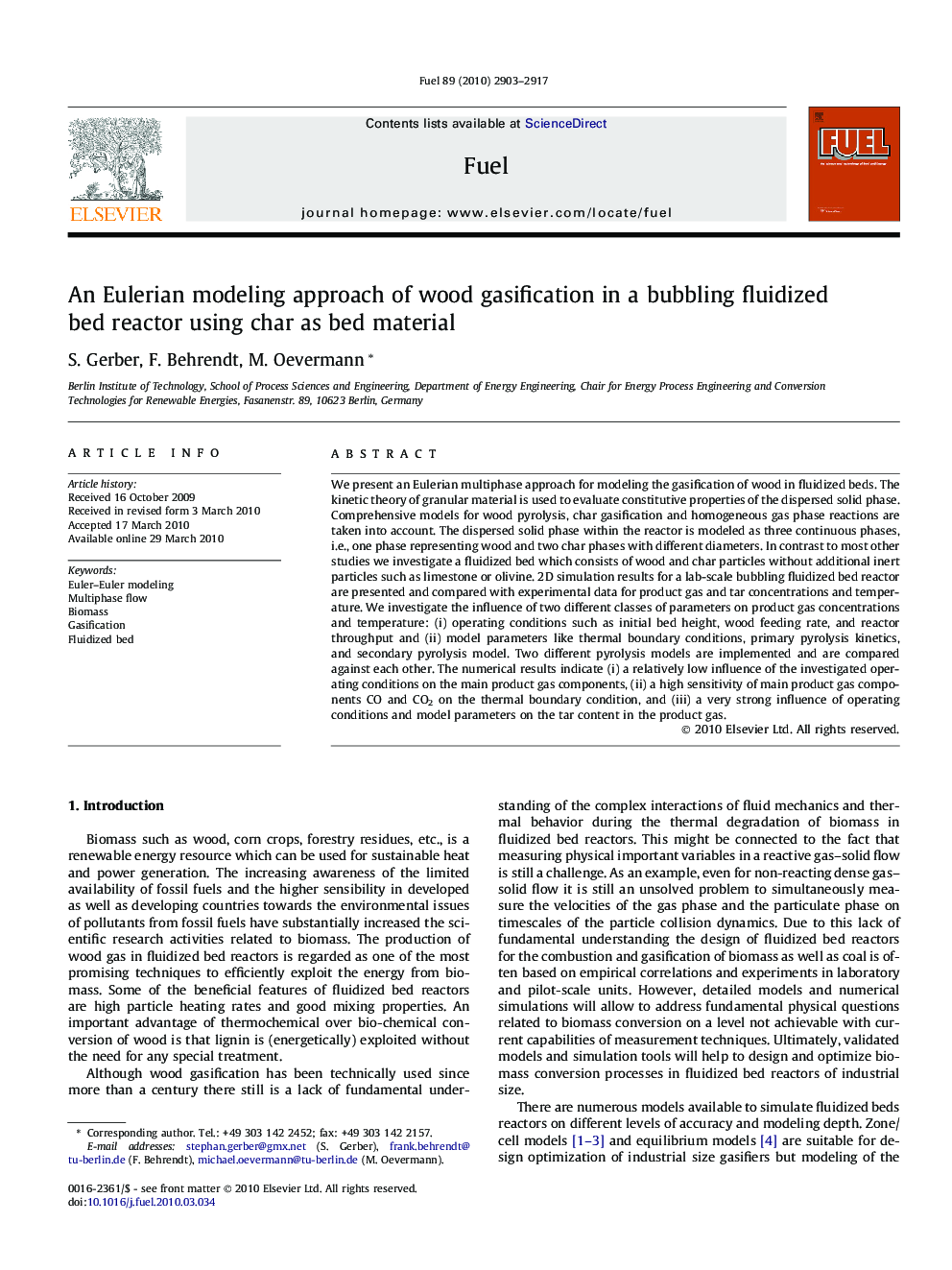 An Eulerian modeling approach of wood gasification in a bubbling fluidized bed reactor using char as bed material