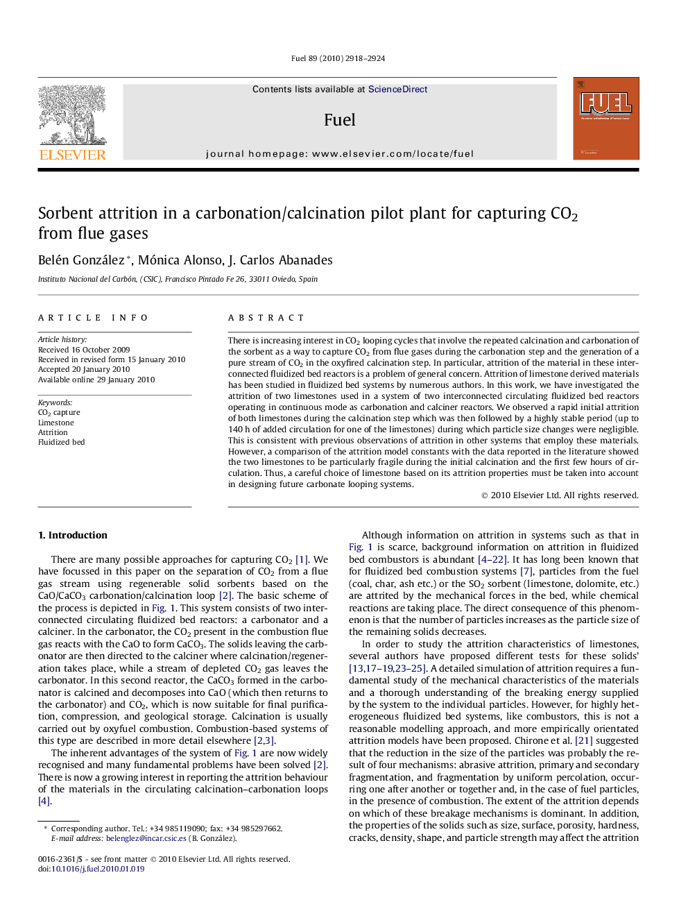 Sorbent attrition in a carbonation/calcination pilot plant for capturing CO2 from flue gases