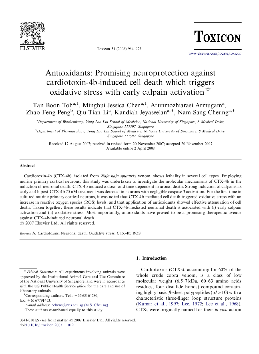 Antioxidants: Promising neuroprotection against cardiotoxin-4b-induced cell death which triggers oxidative stress with early calpain activation 