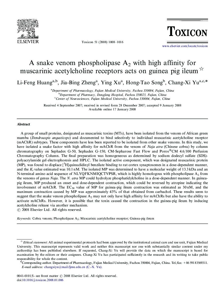 A snake venom phospholipase A2 with high affinity for muscarinic acetylcholine receptors acts on guinea pig ileum 