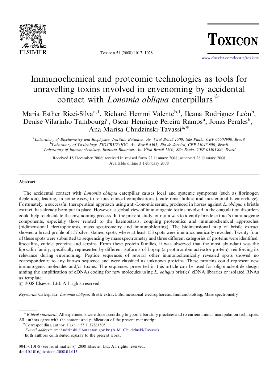 Immunochemical and proteomic technologies as tools for unravelling toxins involved in envenoming by accidental contact with Lonomia obliqua caterpillars 