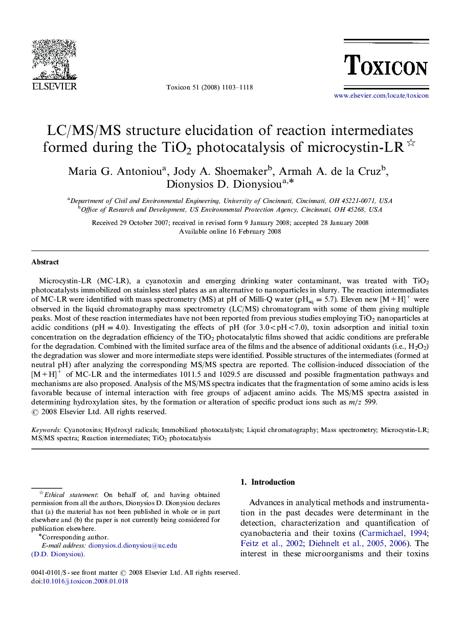 LC/MS/MS structure elucidation of reaction intermediates formed during the TiO2 photocatalysis of microcystin-LR 